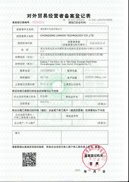 China Chongqing Lianwai Technology Co., Ltd. certificaten